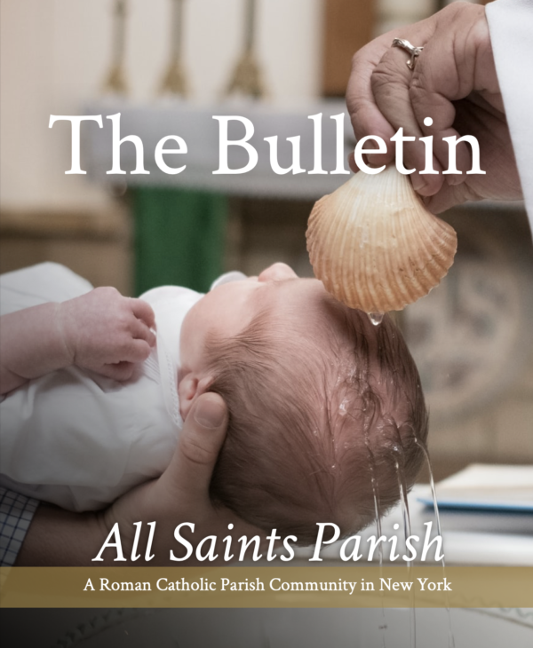 Sample parish bulletin cover featuring a baptism