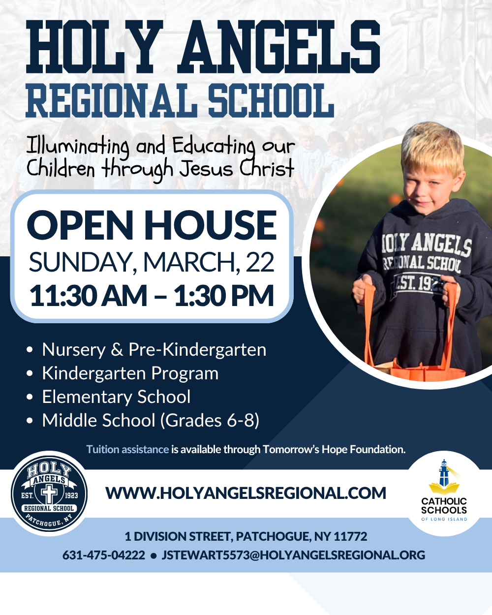 Open house social media graphic designed for Holy Angels Regional School